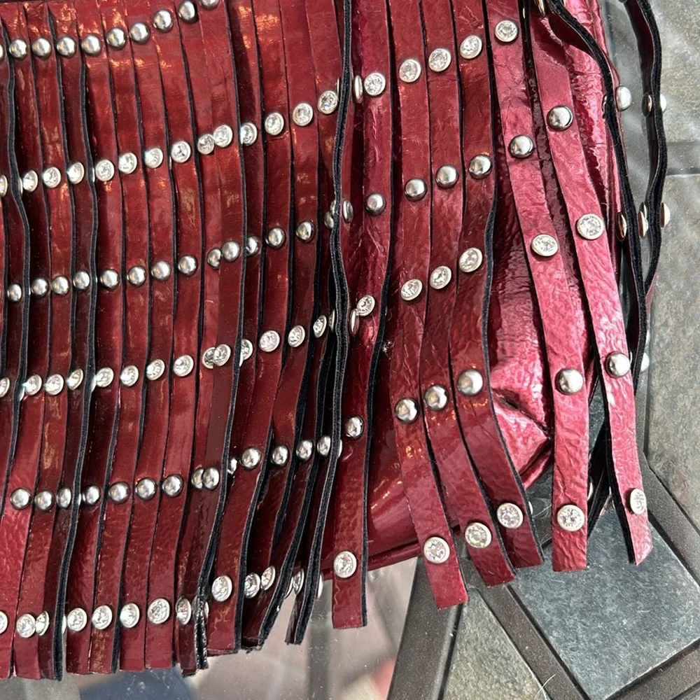 Western Faux Leather Fringe Purse‎ Rhinestones Studded Embossed Cowgirl Red